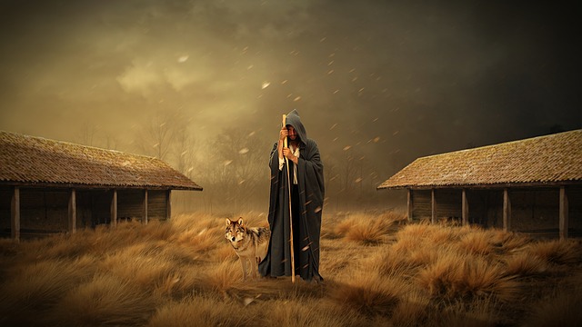 Hombre con capucha con un lobo